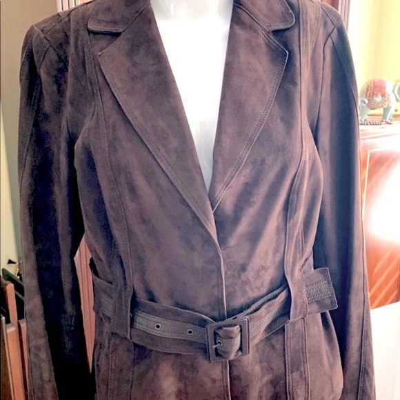 Desa brand cocoa brown color real Suede Leather Blazer with belt Eu Large US L - Picture 4 of 16